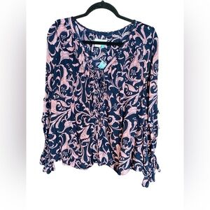 Anthropologie + Navy & Mauve Floral Blouse With Front Tie